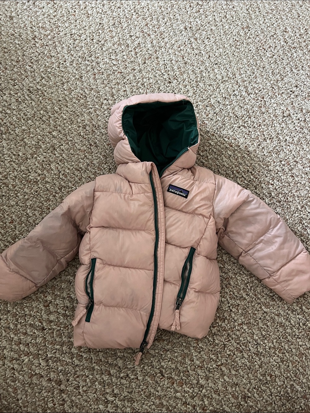 Patagonia Light Pink Puffer Jacket with Dark Green Lining